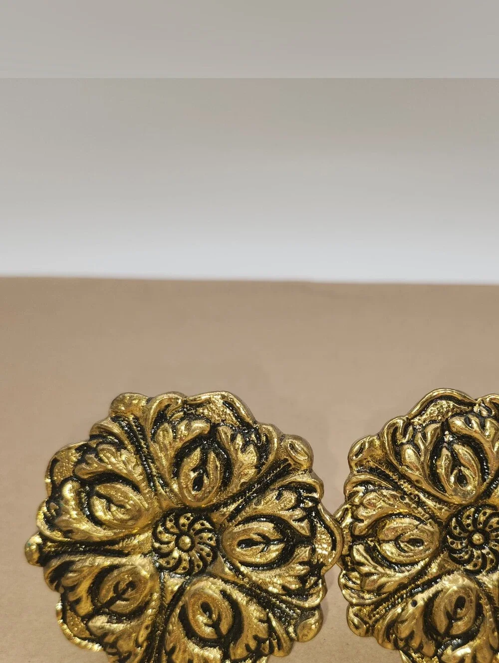 2 vintage antique brass metal gold curtain tie back flower medallion